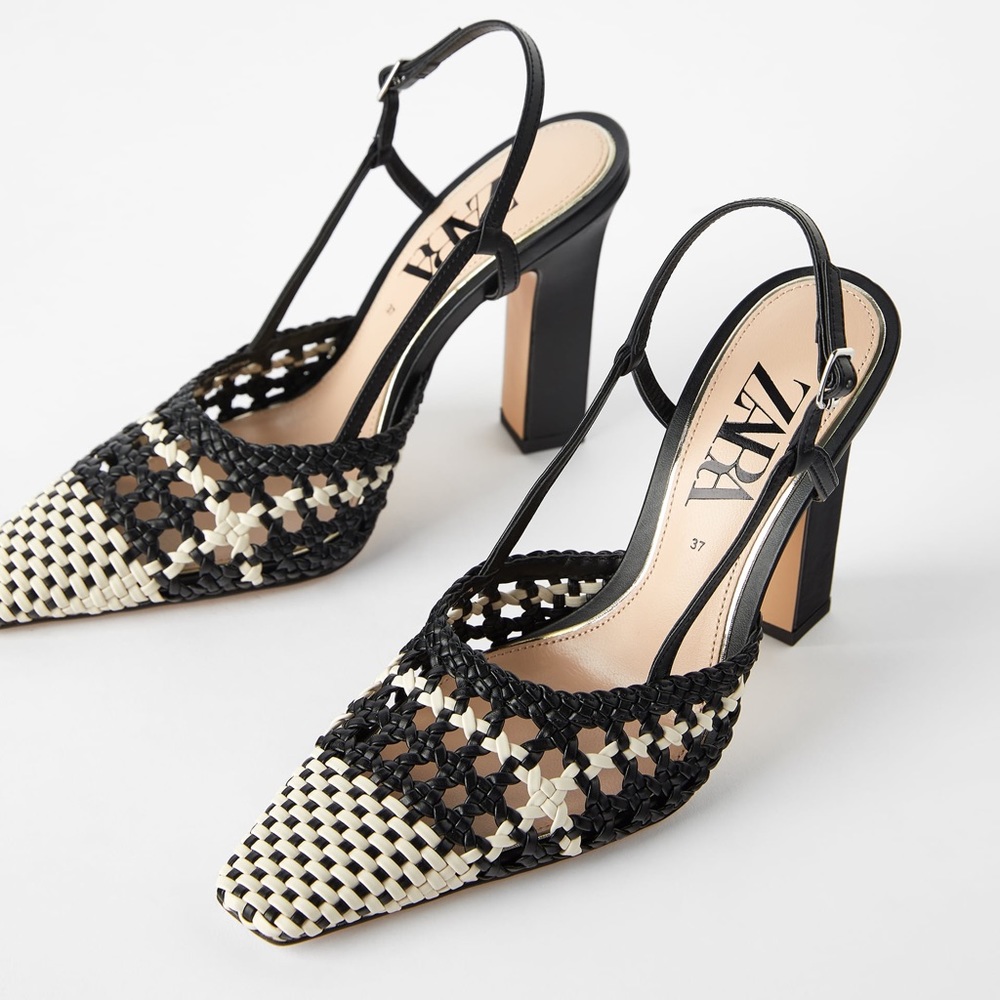Zara Braided High Square Heel Shoes Houndstooth - Picture 3 of 8